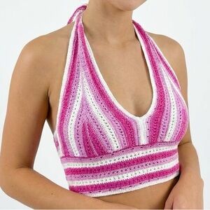 Hollister Crochet crop halter Large Pink Festival striped top